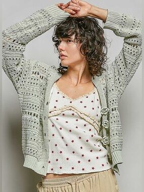 💚 Hello Gorgeous! POL Open-Knit Floral Button Cardigan-Lime